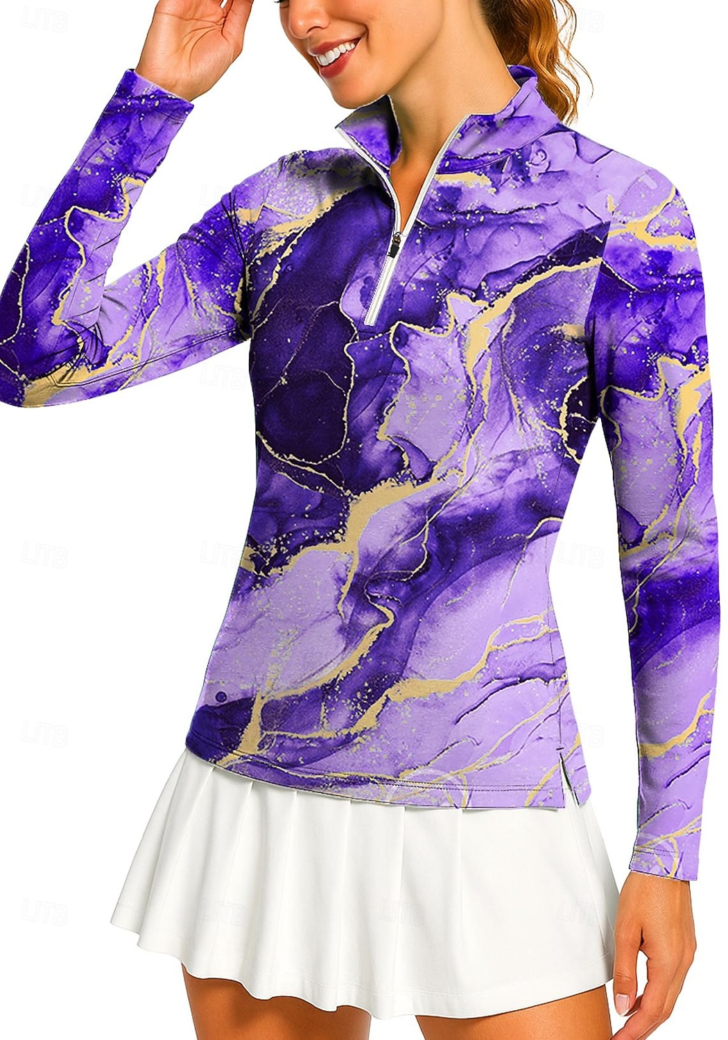 Damen Marmor Golf-Poloshirt Tennis Shirt Tennis-T-Shirt Langarm Druck Viertel Postleitzahl Pullover UV Schutz Elastisch Atmungsaktiv Volleyball Tennis Golfspiel Stehkragen Reißverschlusskragen Hemd 2026 - $25.99 –P3