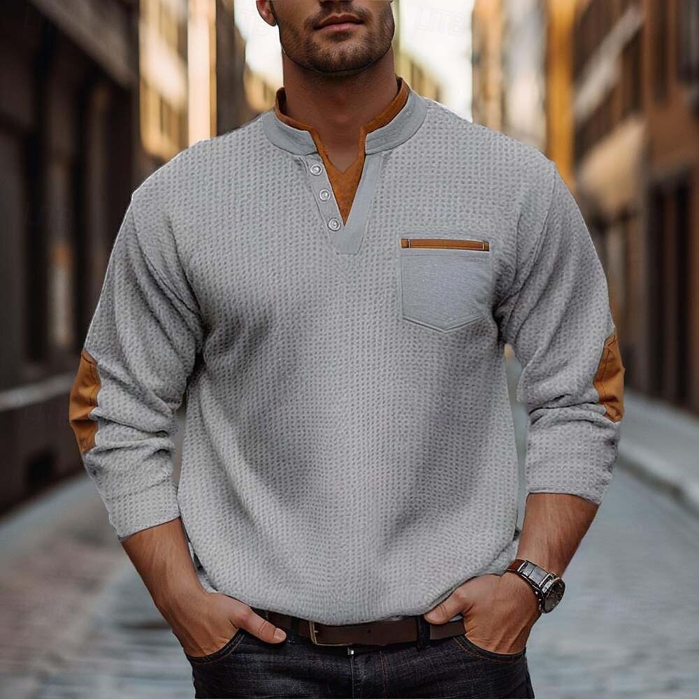 Herre Vaffel T-skjorte Vaffel Henley-skjorte Herreskjorter med albuelapper Langermet V-hals Henley Vinter Vår & Vinter Helfarge Mote Grunnleggende Moderne falske to stykker Avslappet Gate Sport Svart 2026 - $26.99 –P1
