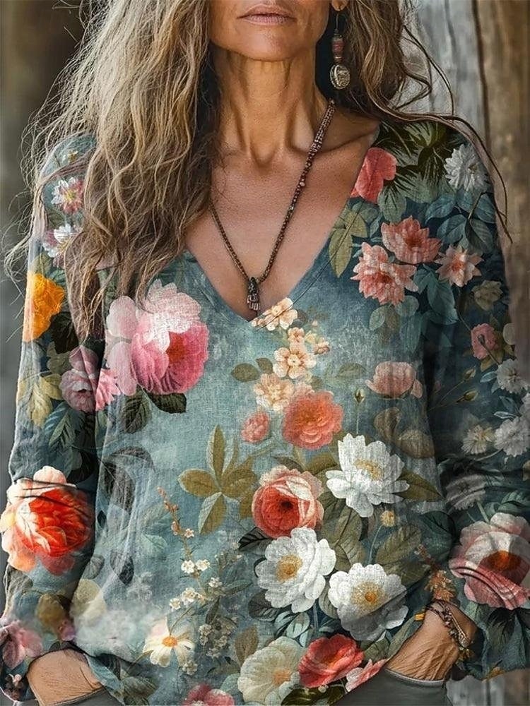 Per donna Blusa Stampato Floreale Quotidiano Elegante Manica Lunga Scollo a V Top Regolari Quotidiano Ferie Blu Nero Bianco Blu marino Blu Reale Estate Primavera Autunno del 2026 a $23.99 –P2