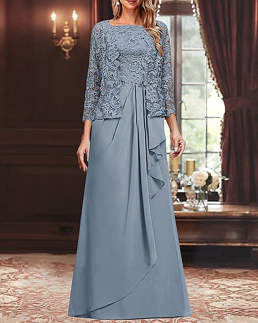 Tweedelig A-lijn Moeder van de bruid jurk Elegant Eenvoudig minimalistische Vierkante hals Tot de grond Chiffon Geribd kant Mouwloos 3/4 mouw met Plooien Ruches Gelaagde ruches 2025 2025 - $135.99 –P1