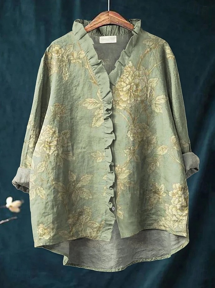 Damskie Koszula Boho Falbana Kwiaty Graficzny Bohema Zabytkowe Elegancki Długi rękaw Zwykłe topy Codzienny Święto Szałwiowy Rumiany róż Brudny róż Fioletowy Fuksja Lato Wiosna Jesień 2026 - $29.99 –P1