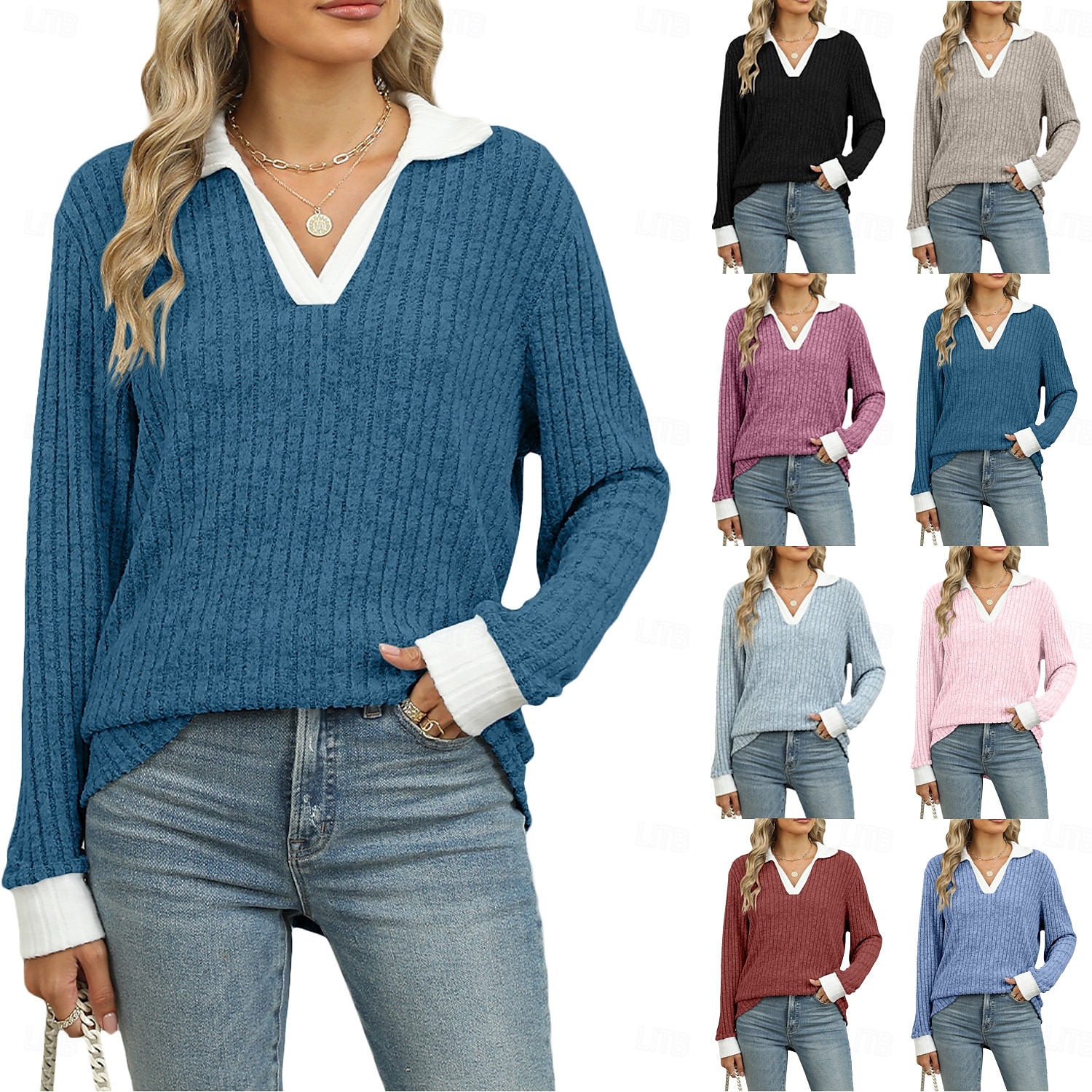 Dames Overhemd Effen Kleur Stijlvol Casual Lange mouw V-hals Normale tops Dagelijks Lapwerk Zwart Rood blauw Fuchsia Lente Herfst 2025 - $24.99 –P1