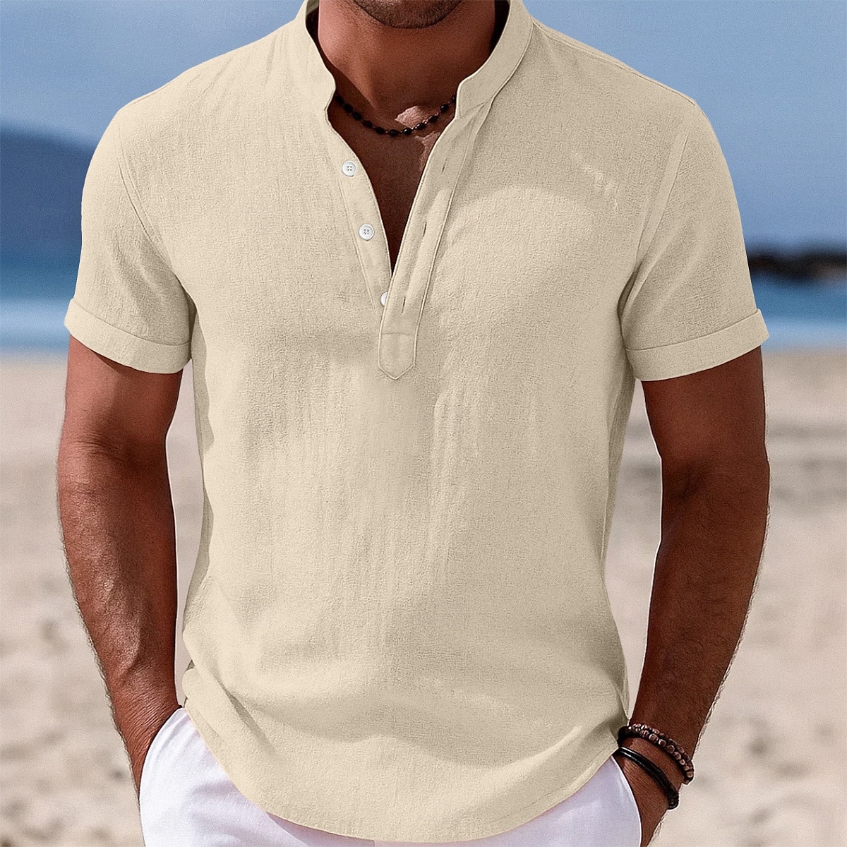 Herren Hemd Leinenhemd Stehkragenhemd Popover-Hemd Sommerhemd Strandbekleidung Einfach Urlaub Lässig Schwarz Weiß Gelb Rosa Kurzarm Stehkragen Sommer Bekleidung 2025 - $20.99 –P7