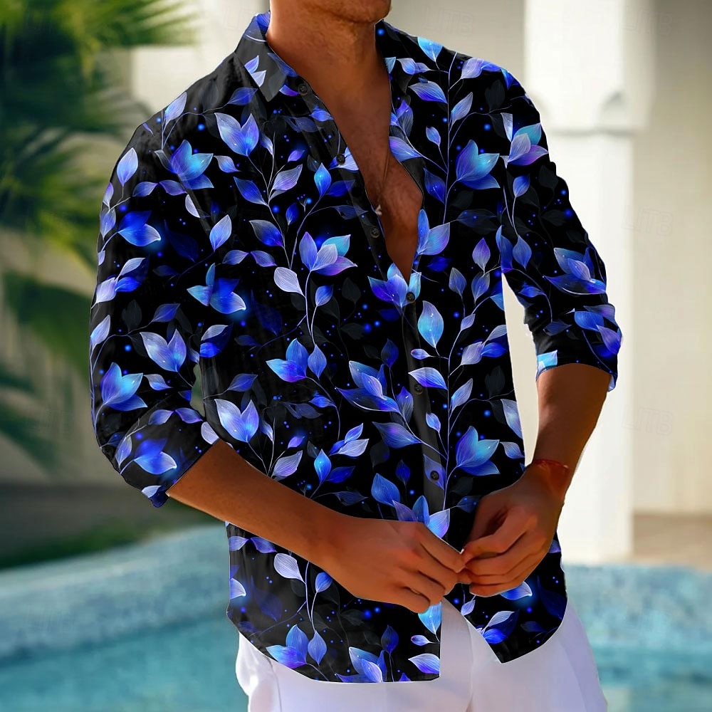 Men's Leaf Neon Glow Shirt Button Up Shirt Long Sleeve Fashion Casual Holiday Streetwear Summer Spring Turndown 3D Print Collared Shirts Pink Blue Purple Green 2026 - $27.99 –P1