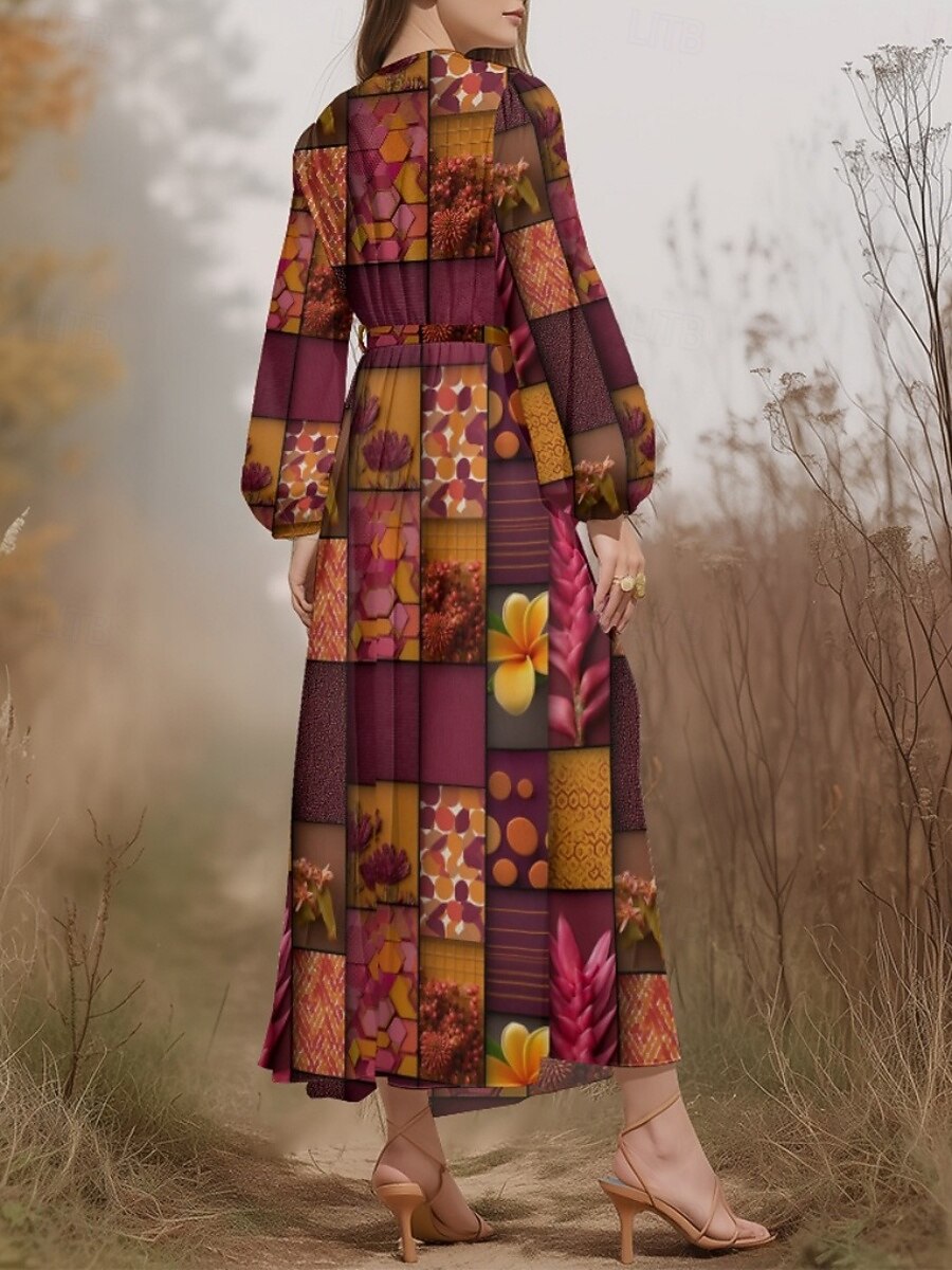 Damen Midikleid Freizeitkleid Chiffon Schwingkleid Modern Urlaub Täglich Wochenende Normale Passform Blumen Karomuster Langarm V Ausschnitt Dunkelgrün Purpur Grün Sommer Frühling Herbst 2025 - $31.99 –P2