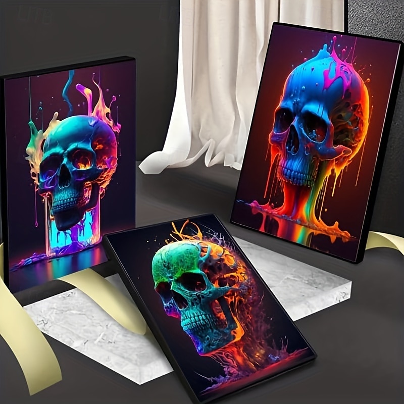 abstrakt neonhodeskallefarge lerretskunst nydelig flammeplakattrykk uinnrammet stue soverom hjemmedekorasjon egnet for halloween 2025 - $13.99 –P1