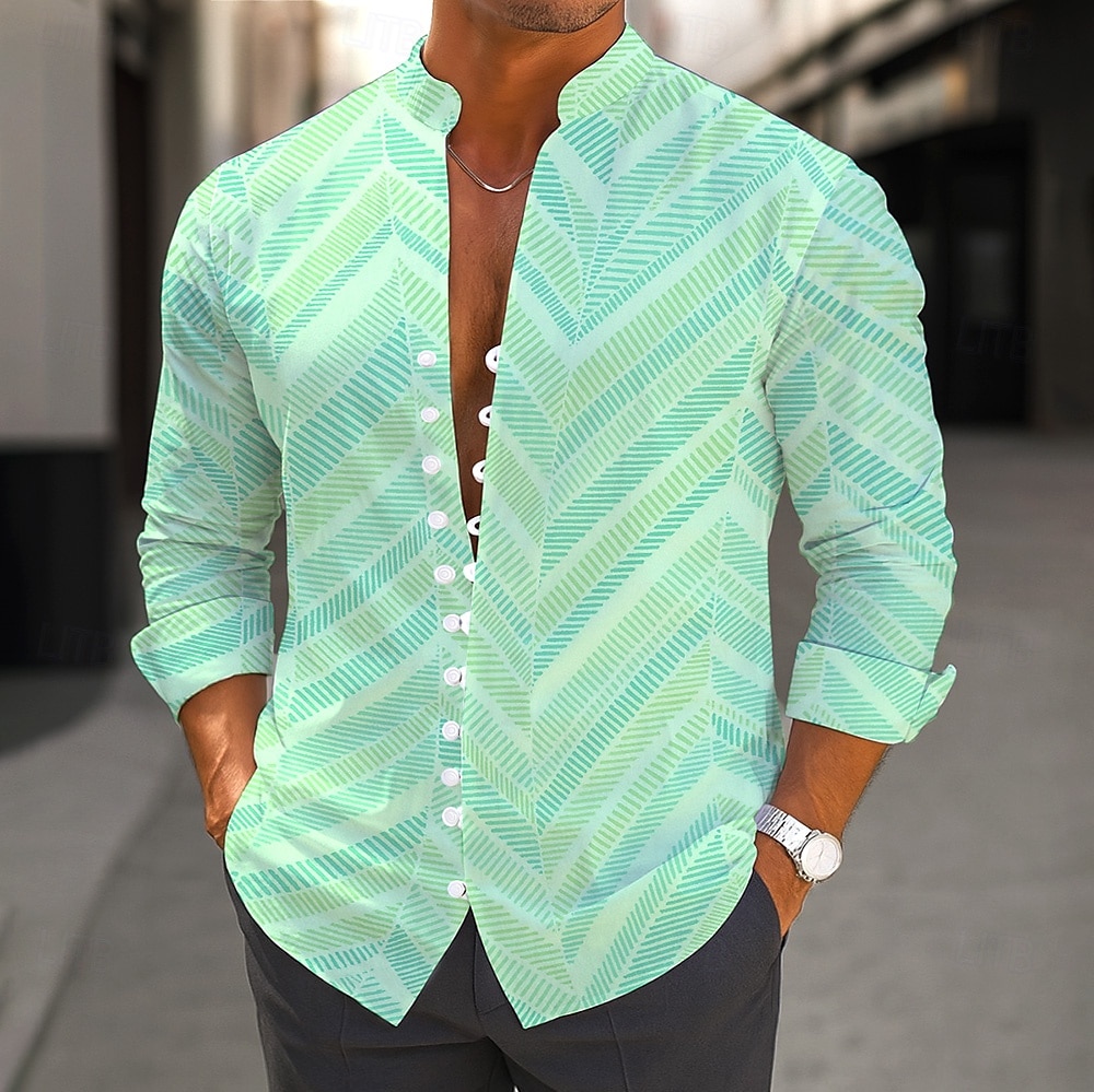 Voor heren Verloop Chevron Overhemd Overhemd met staande kraag Lange mouw Casual Vakantie Alledaagse kleding Uitgaan Lente Herfst Mandarijn Kraag Band Kraag Button-omlaag Linnenachtig shirt Blozend 2025 - $25.99 –P1