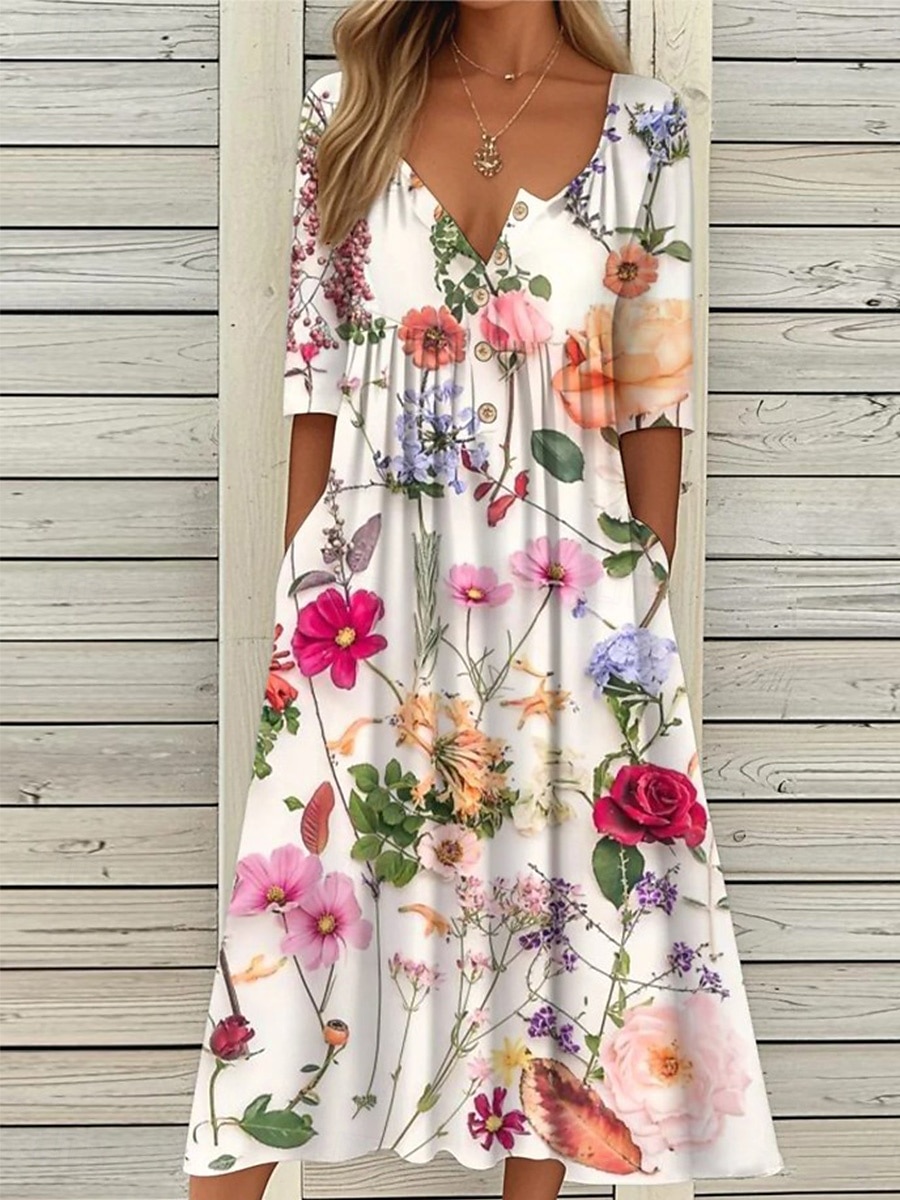 Damen Midikleid Freizeitkleid Sommerkleid A Linie Kleid Faltenkleid Urlaub Lässig Strand Ferien Lässiger Schnitt Blumen Grafik Halbarm Rundhalsausschnitt Rosa Blau Sommer 2025 - $36.99 –P2