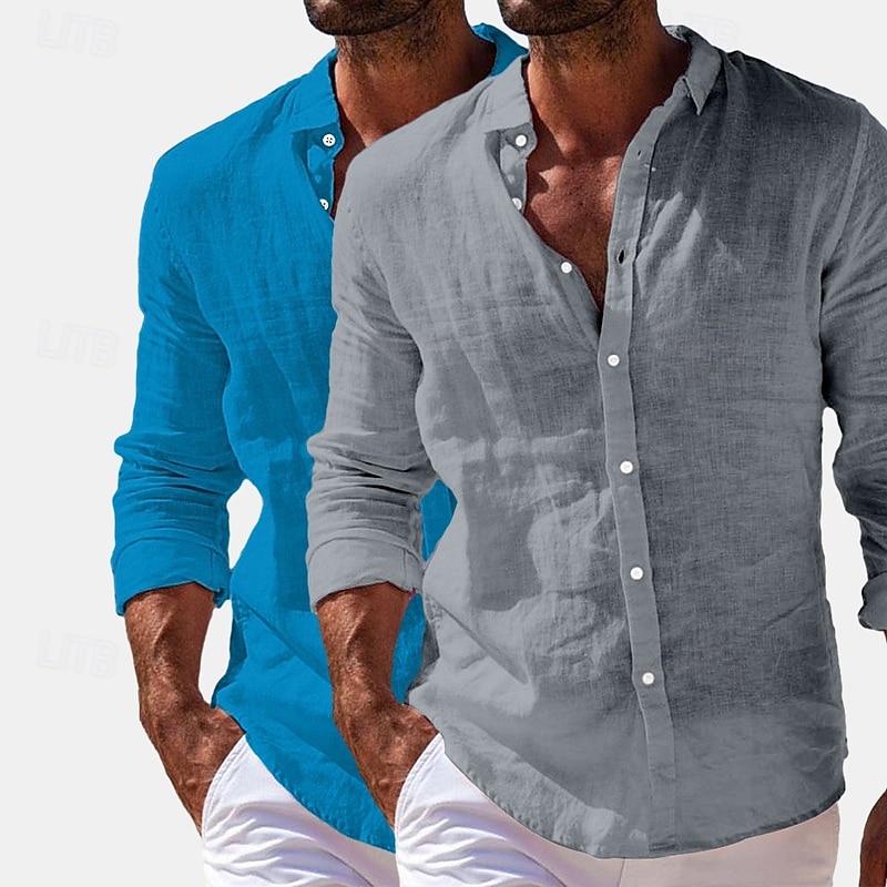 Herren Hemd Leinenhemd Sommerhemd Strandbekleidung Knopfhemd Einfach Urlaub Lässig Weiss + Rosa Marineblau + Grau Grün+Khaki Blau+Marineblau Langarm Umlegekragen Sommer Frühling Bekleidung Rein 2025 - $27.99 –P6