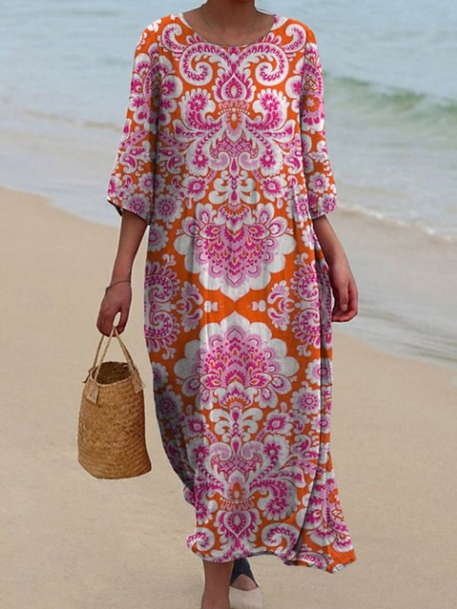 Femmes Robe Midi Robe Décontractée Robe Imprimée ancien africain Quotidien Plage Week-end Coupe régulière Fleuri Bloc de Couleur Manche 3/4 Col ras du cou Jaune Rose Claire Rouge Printemps Automne de 2025 ? $31.99 –P3