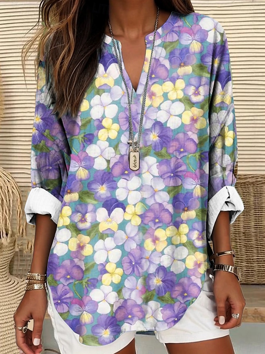 Dame Bluse Blomstret Grafisk Blad Elegant Stilfull Langermet V-hals Vanlige topper Daglig Ferie Trykt mønster Blå Dusty Blue Lys Lilla Lilla Oransje Sommer Vår 2025 - $24.99 –P6