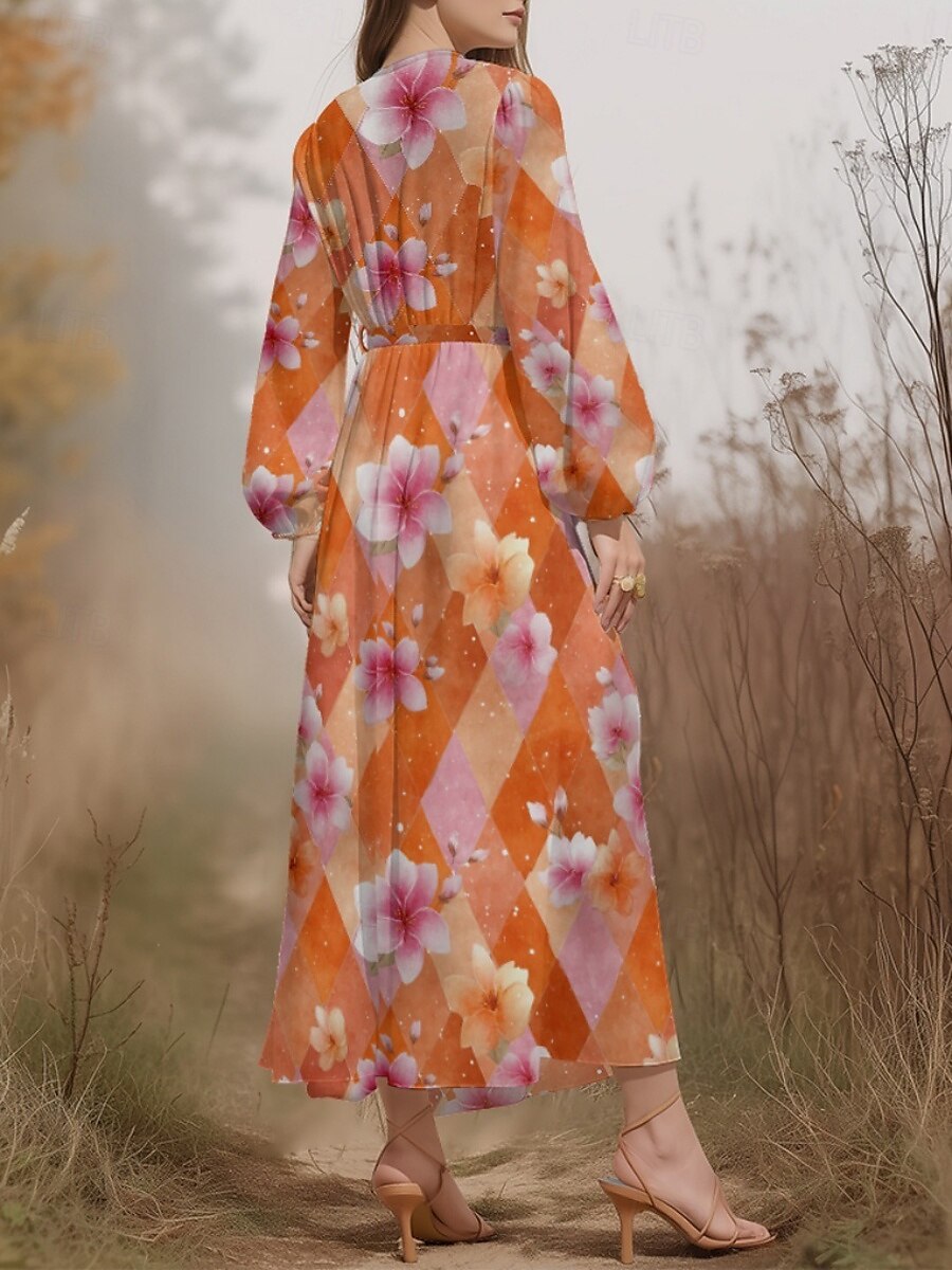Women's Midi Dress Casual Dress Chiffon Swing Dress Modern Vacation Daily Weekend Regular Fit Floral Plaid Long Sleeve V Neck Yellow Blue Purple Orange Summer Spring Fall Autumn 2025 - $31.99 –P2