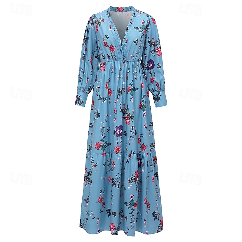 Dam Långklänning Maxiklänning Blommig klänning Boho-klänning Västerländsk klänning Elegant Mode Modern Utomhus Semester Dagligen Normal Blomma Långärmad V-hals Blå Sommar 2025 - $36.99 –P4