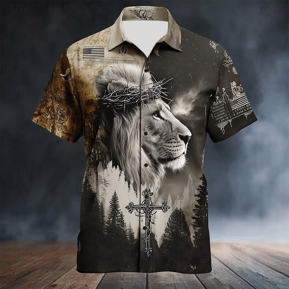 Hombre León Cruz Templaria Camisa Camisa de verano Abotonar la camisa Manga Corta retro de la vendimia Uso Diario Festivos Verano Primavera Cuello Vuelto Impresión 3D camisas con cuello Un bolsillo 2025 - $23.99 –P1