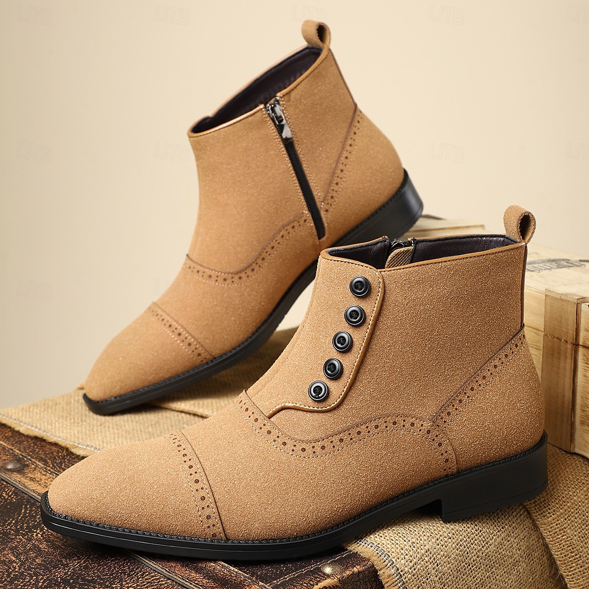 Men's Beige Lace-Up Ankle Boots with Round Toe and Classic Stitching, Vintage Business-Casual Footwear for Office, Urban Walking and Smart Daily Outfits 2025 - $46.99 –P10