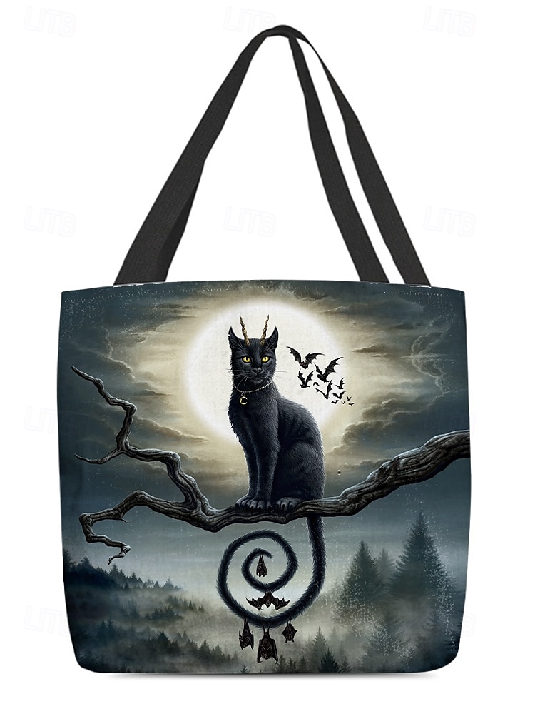 Sac fourre-tout pour femme imprimé citrouille et chat d'Halloween par Sarah Richter – grand sac à bandoulière réutilisable en polyester avec poche zippée pour les achats et les fêtes de fin d'année de 2025 ? $14.99 –P9