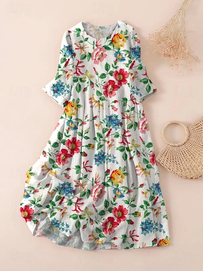 Women's Midi Dress T Shirt Dress Tee Dress A Line Dress Summer Dress Vacation Casual Beach Date Summer Dress Regular Fit Floral Graphic Short Sleeve Crew Neck Dark Brown Black White Light Green 2025 - $26.99 –P6