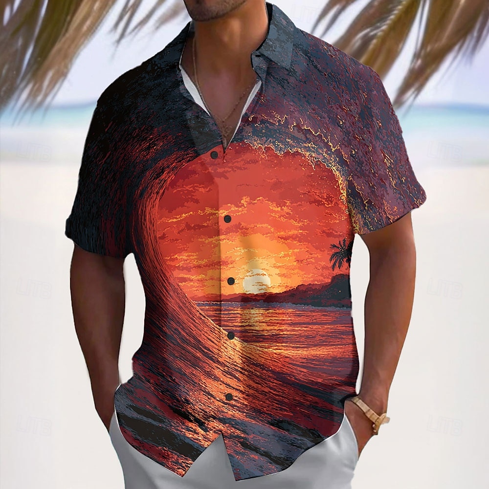 Men's Optical Illusion Ocean Sunset Summer Hawaiian Shirt Button Up Shirt Aloha Shirt Short Sleeve Hawaiian Vacation Beach Wear Summer Spring Turndown 3D Print Collared Shirts Blue Light Blue Black 2026 - $25.99 –P4