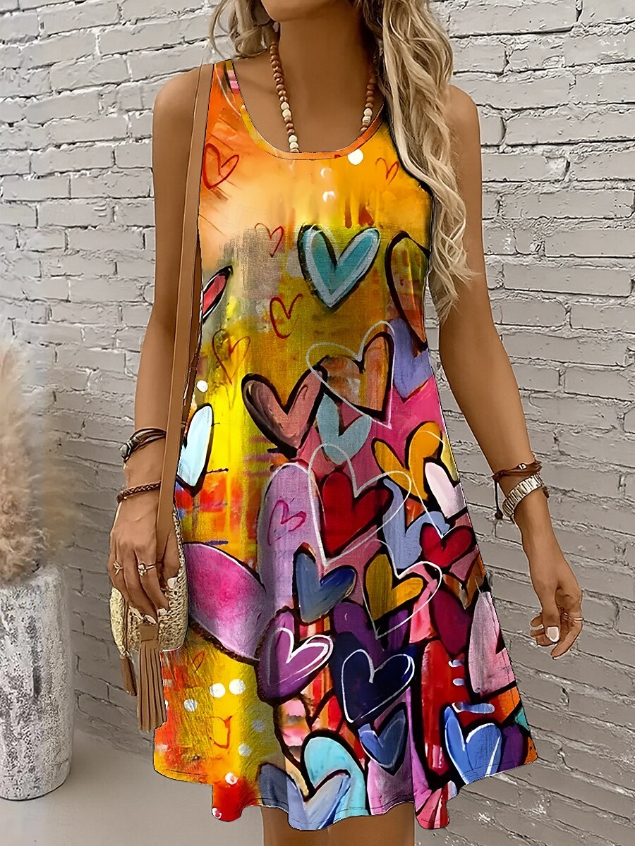 Damen Minikleid Sommerkleid A Linie Kleid Schulterfreies Kleid Urlaub Lässig Boho Ferien Strand Normale Passform Herz Grafik Ärmellos Rundhalsausschnitt Gelb Rote Blau Purpur Sommer Frühling 2025 - $21.99 –P1