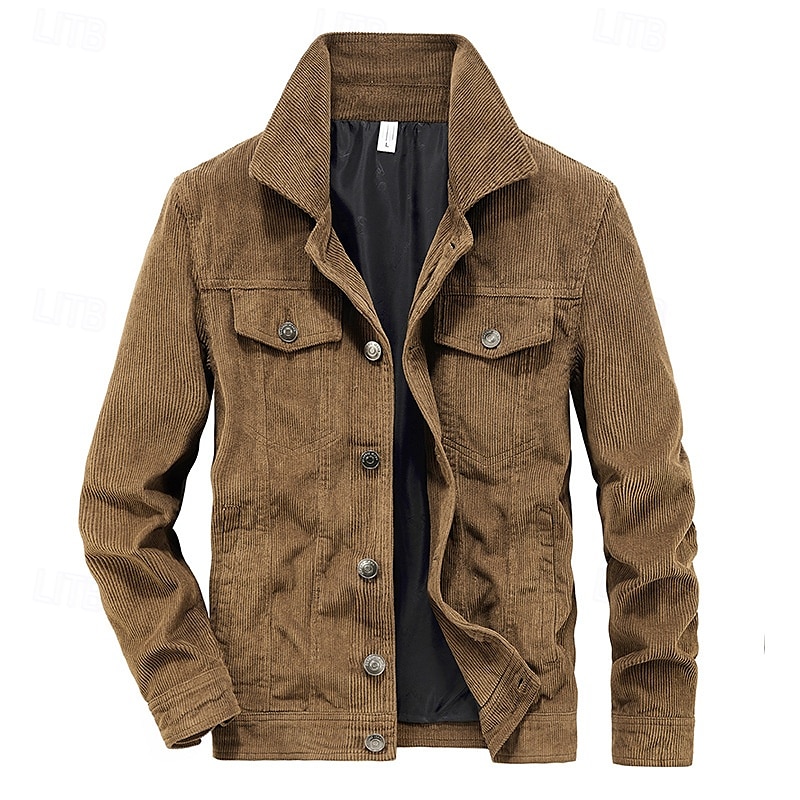 Men's Corduroy Jacket Cargo Jacket Casual Jacket Vacation Daily Pocket Fall Winter Plain Fashion Classic Lapel Regular Black Khaki Coffee Gray Jacket 2025 - $68.99 –P1