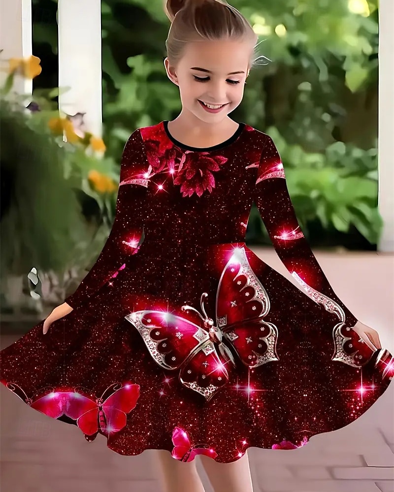 Mädchen' 3D Schmetterling Kleid Langarm Sommer Frühling Urlaub Täglich Ferien Prinzessin Schön Süß Kinder 4-12 Jahre Freizeitkleid A Linie Kleid Knielang Normale Passform 2025 - $16.99 –P1
