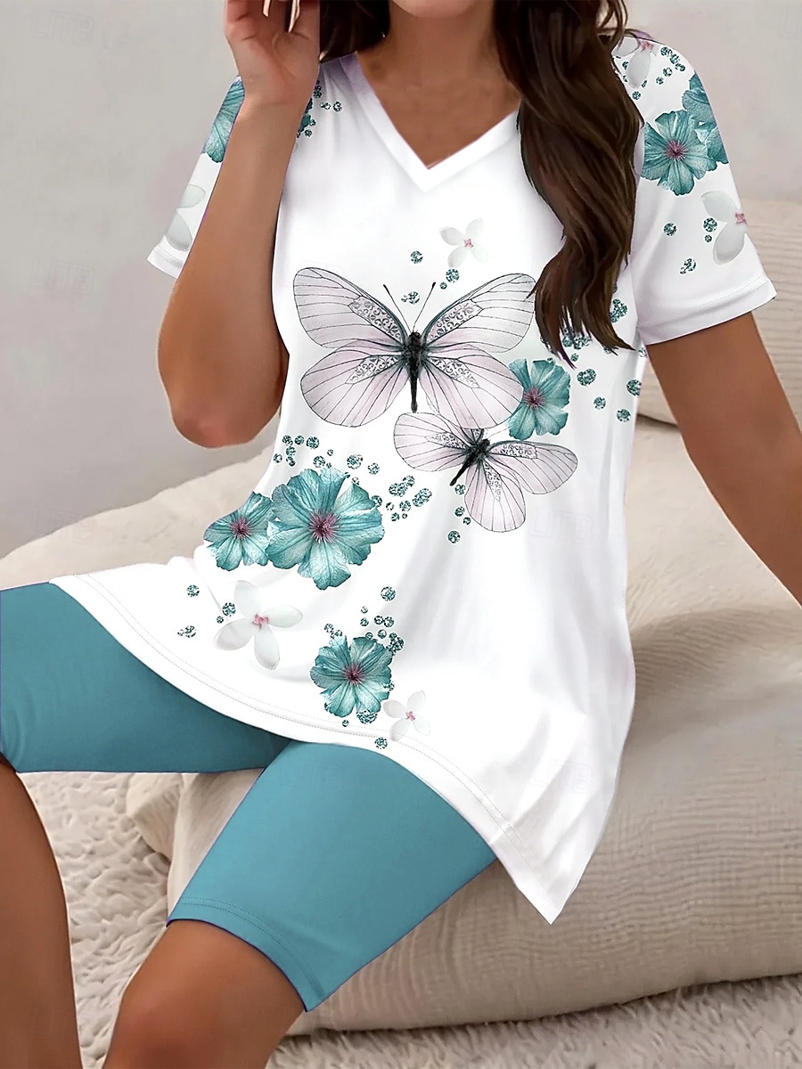 Women's Fashion Daily T Shirt Shorts Sets Short Sleeve V Neck Ombre Floral Butterfly Print Daily Casual Daily Light Green Grape Ocean Blue Summer Regular Fit 2025 - $29.99 –P5