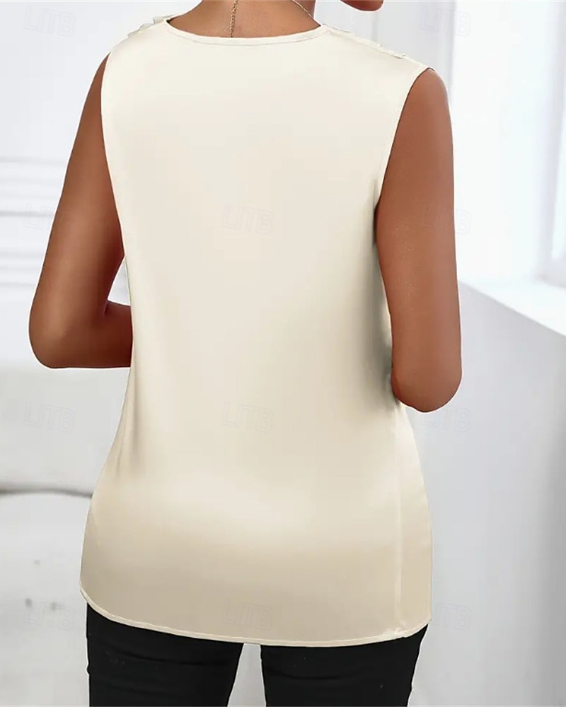 גופייה לנשים סאטן חלקה אופנתי מודרני ללא שרוולים צווארון מרופד רגיל חולצות יומיומי ליציאה סוף שבוע שחור כתום חאקי קיץ 2025 - $25.99 –P2