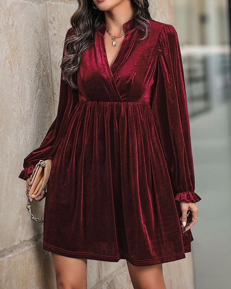 Damen Minikleid Samtkleid Freizeitkleid Mode Modern Täglich Date Wochenende Normale Passform Einfach Langarm V Ausschnitt Wein Marineblau Orange Grün Herbst Winter 2025 - $29.99 –P15