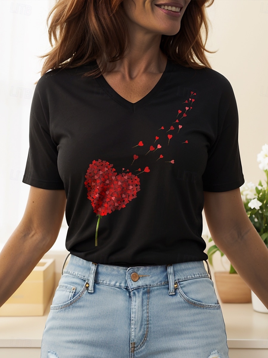 Dame T skjorte Hjerte Blomstret Grafisk Stilfull Klassisk Fritid Kortermet V-hals Vanlige topper Daglig Helg Trykt mønster Svart Hvit Rosa Rød Blå Sommer Vår 2025 - $19.99 –P4