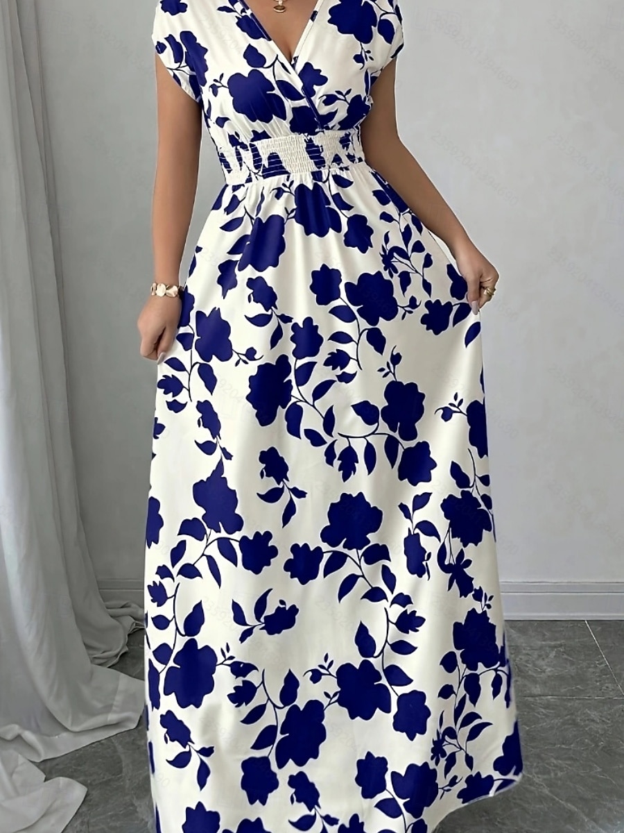 Damskie Sukienka maxi Sukienka A line Urlop Codzienny Boho Na zewnątrz Wyjściowe Luźny / a Kwiaty Krótki rękaw W serek Czarny Czerwony Niebieski Pomarańczowy Lato 2025 - $24.99 –P17