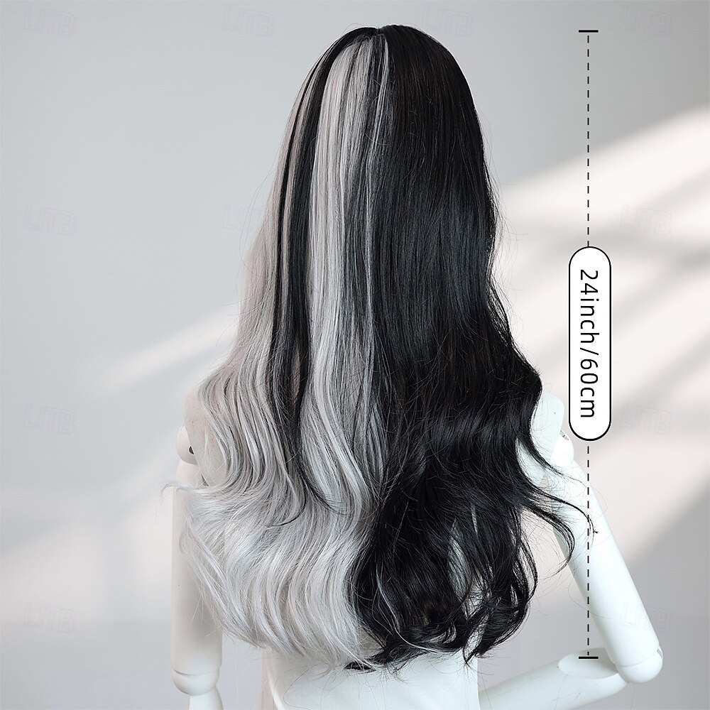Parrucca ondulata nera e grigia da 24 pollici per donna: capelli bicolore alla moda con frangia, perfetta per costumi di Halloween e moda quotidiana del 2025 a $33.99 –P7