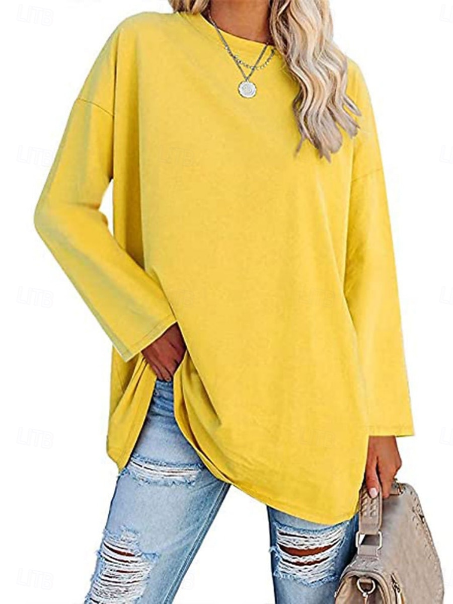 Camicia da donna in 100% cotone blouse colore solido stilosa casual maniche lunghe colletto rotondo regolari top quotidiano nero bianco giallo rosa primavera autunno pre-autunno del 2026 a $24.99 –P7