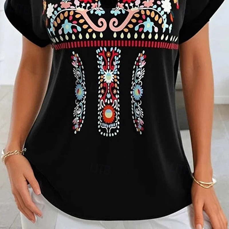 Femmes T-shirt Fleurs Mode Moderne Manche Courte Col en V Hauts Réguliers Quotidien Sortir Tenue de plage Imprimé Noir Été de 2025 ? $21.99 –P3