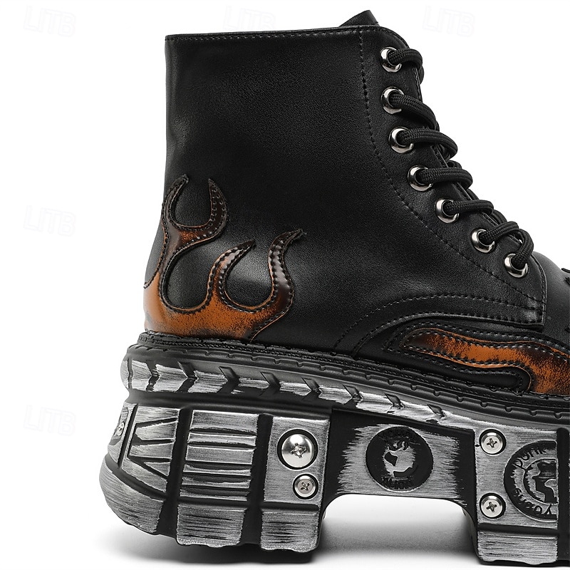 herre gotiske flammende platåstøvler – steampunk ankelstøvletter med grov såle og snøring for punkrockfester og cosplay 2025 - $84.99 –P15