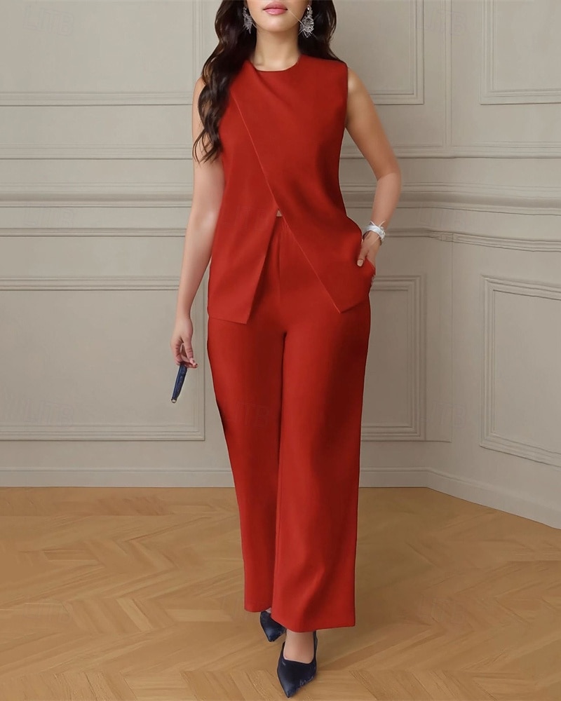 Dam Elegant Mode Byxuppsättningar Bolero Top Ärmlös Rund hals Ensfärgat Semester Ledigt / vardag Svart Vit Rubinrött Sommar Normal 2025 - $29.99 –P8