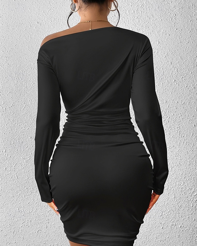Damen Minikleid Partykleid Gerafftes Kleid Mode Outdoor Party Ferien Normale Passform Einfach Langarm Schulterfrei Schwarz Sommer 2025 - $21.99 –P6