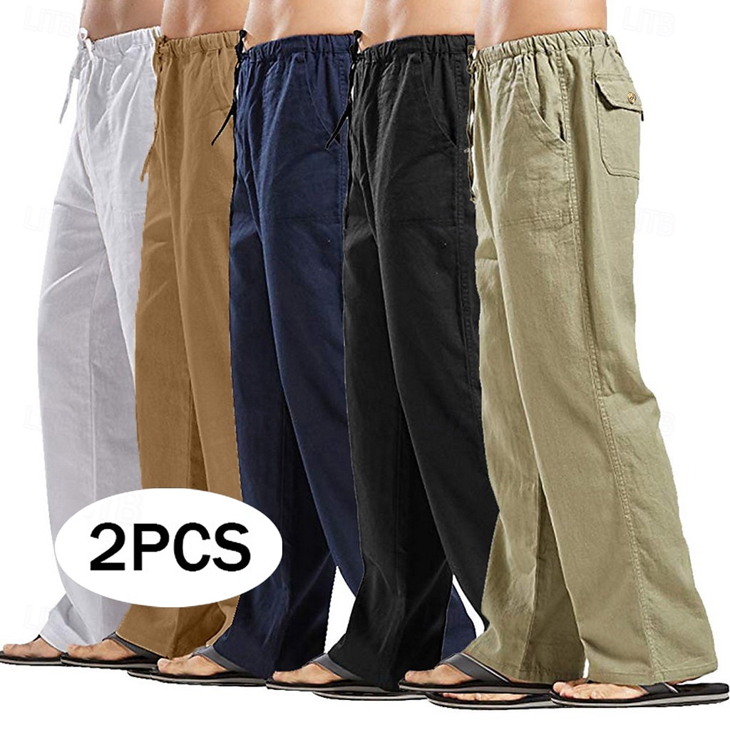 Homens Calças de linho Calças Calça verão Calças largas Calças de praia Bolsos Com Cordão Perna reta Tecido Conforto Respirável Comprimento total Diário Streetwear Moda Casual / esportivo Preto de 2025 por $27.99 –P1