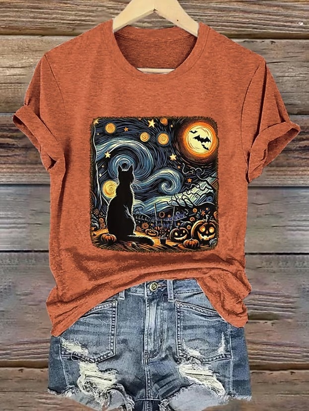 Halloween Femmes T-shirt Graphique Crâne Chat ancien Élégant Classique Manche Courte Col ras du cou Col rond Hauts Réguliers Quotidien Week-end Imprimé Noir Blanche Bleu Orange Gris Été Automne de 2025 ? $19.99 –P3