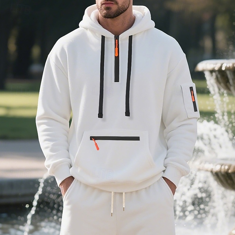 Homme Sweat à capuche Sweat à capuche quart zippé Sweat à capuche en polaire Noir Blanche bleu marine Kaki Gris Clair À capuche Uni Patchwork Quart de zip Sport & Loisir Occasionnel Quotidien de 2025 ? $25.99 –P3