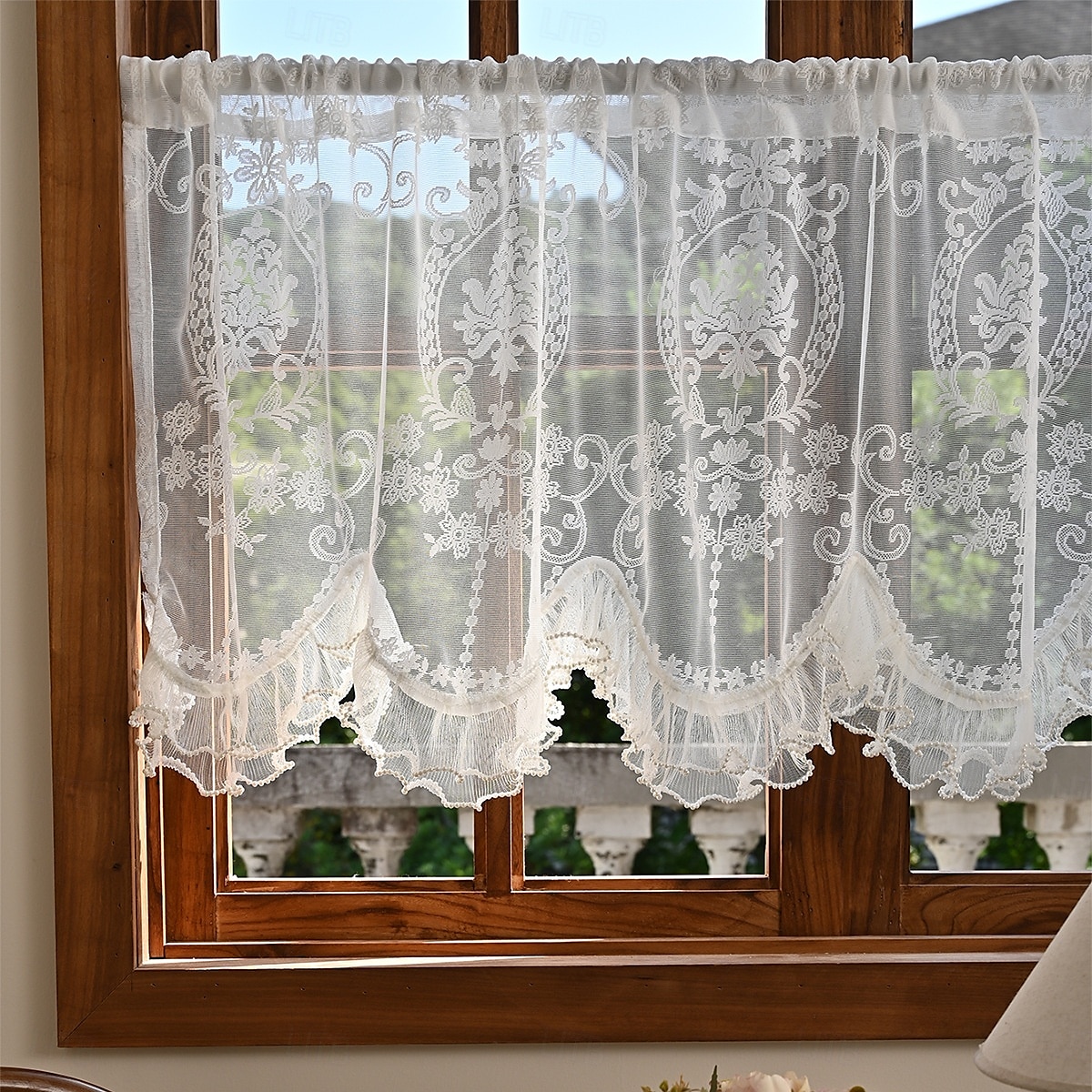 Lace Ruffled Kitchen Short Curtain Valance Vintage Floral Embroidered Short Sheer Cafe Curtain for Kitchen Window Rod Pocket Scalloped Bottom Beaded Sheer Valance1 Panel 2026 - $10.99 –P17
