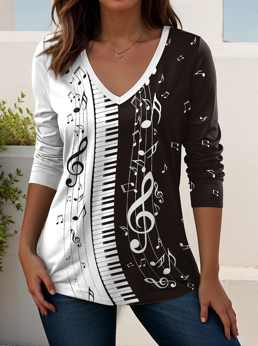 Festival de musique Femmes T-shirt Graphique Musique ancien Élégant Classique manche longue Col en V Hauts Réguliers Quotidien Sortir Week-end Imprimé Noir et blanc Noir Blanche Printemps Automne de 2025 ? $22.99 –P3