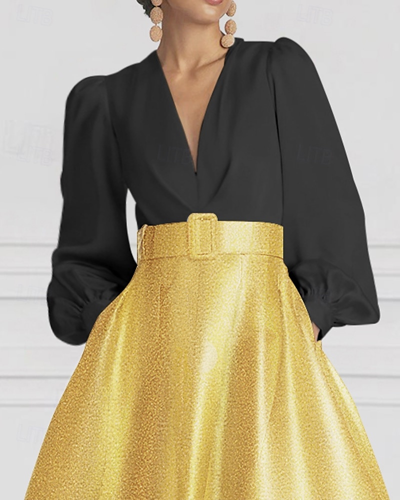Abito da Sera A-Line Nera e Oro con Cravatta Nera Gonna Jacquard Brillante con Cintura Formale Matrimonio Lunghezza a Terra Manica Lunga Collo a V Seta con Tasca e Fessura del 2025 a $157.99 –P3