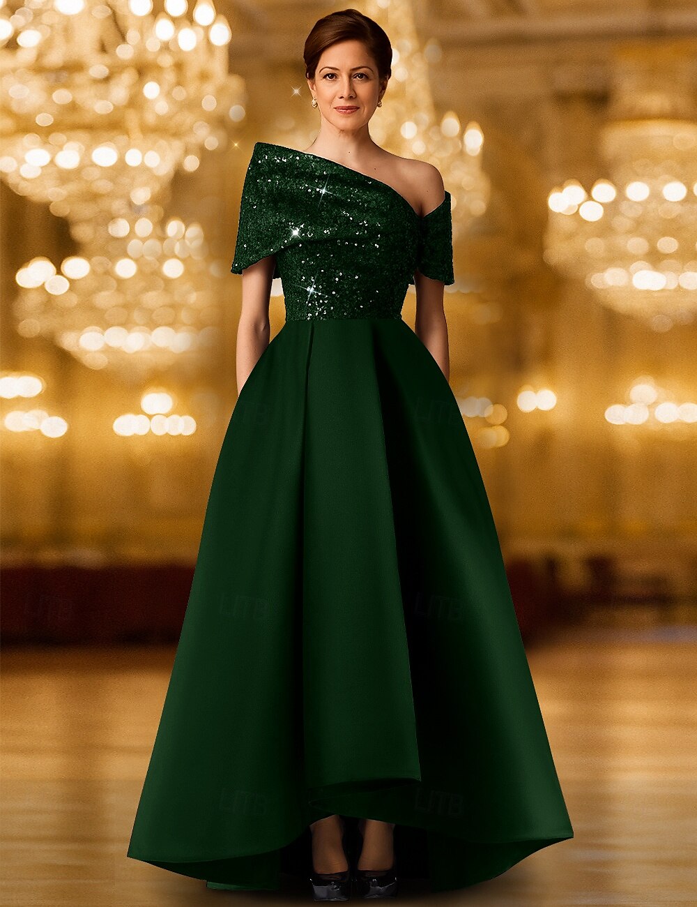 Robe de soirée trapèze à paillettes et cravate noire, élégante, longueur au sol, manches courtes, une épaule, poche, satin extensible avec châle pailleté, 2025 de 2025 ? $142.99 –P5
