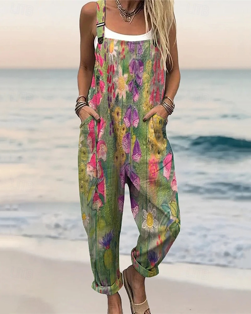 Damen Normal Overall Streetwear Blumen Kurzarm Weites Bein U-Ausschnitt Tasche Druck Straße Täglich Normale Passform Grün Sommer 2025 - $27.99 –P1