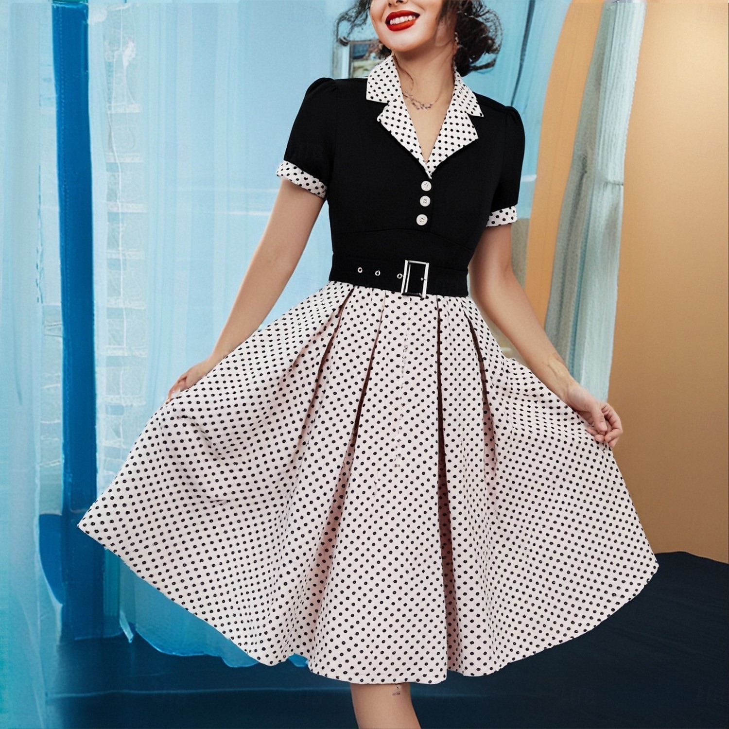 Retro 50. léta Polední A-Line šaty Houpací šaty Košilové šaty S páskem Puntíky Přehnutý Dámské Karneval Ležérní Denní nošení Retro tematická párty Dospělé Šaty Jaro léto 2025 - $32.99 –P10