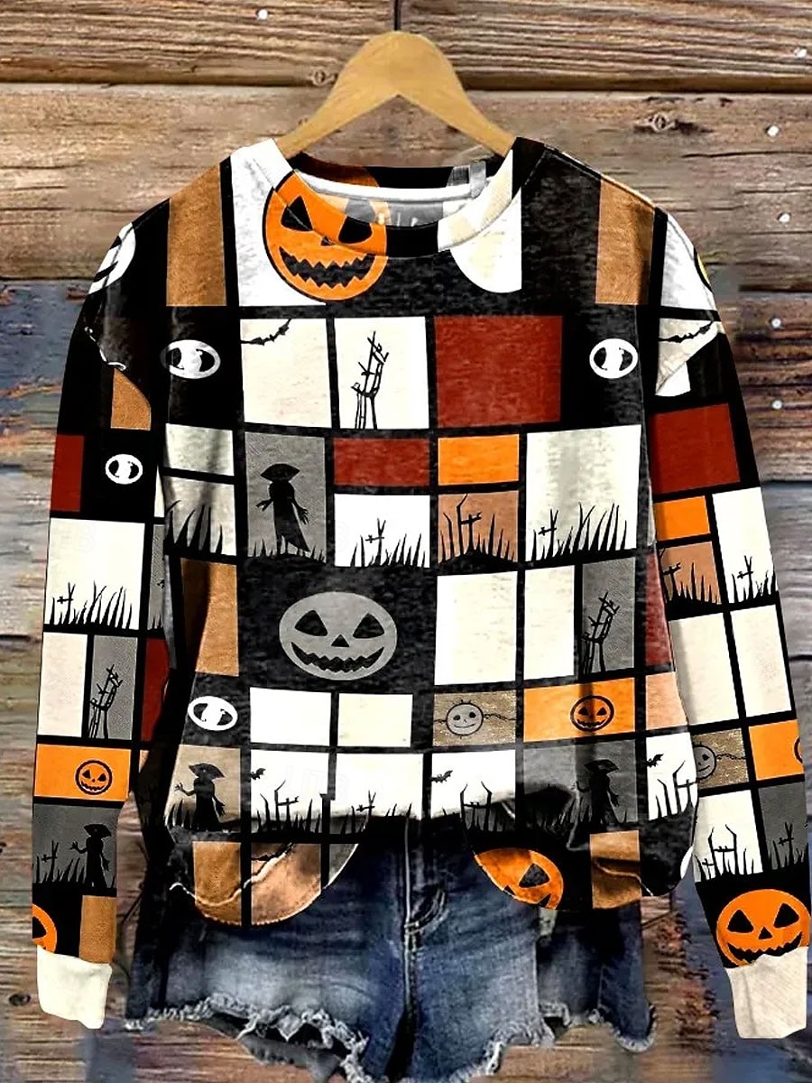 Mulheres camisolas Gráfico Geométrica Caveiras Casual Manga Longa Gola Redonda Decote Redondo Tops regulares Rua Dia a Dia Imprimir Laranja Primavera Outono Inverno de 2025 por $24.99 –P1