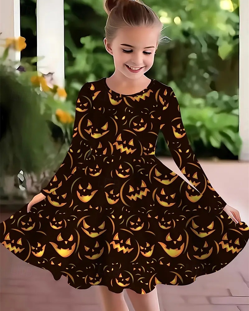 Halloween Dziewczyny ' 3D Dynia Sukienka Długi rękaw Lato Wiosna Urlop Codzienny Święto Księżniczka Piękny Słodkie Dzieci 4-12 lat Codzienne sukienki Sukienka A line Do kolan Regularny 2025 - $16.99 –P1