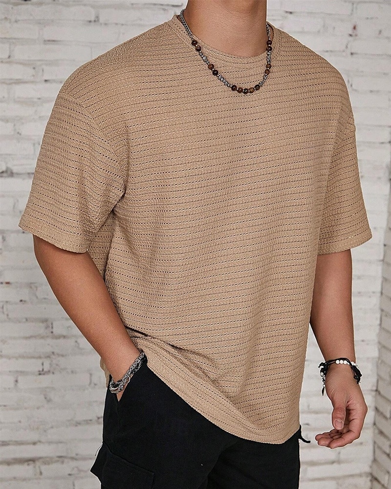 Homme T-shirt Chemise à manches courtes Manche Courte Col ras du cou Été Uni Mode Designer Basique Jacquard Vacances Rue Sortir Noir Blanche Kaki T-shirt haut de gamme pour homme de 2025 ? $14.49 –P4