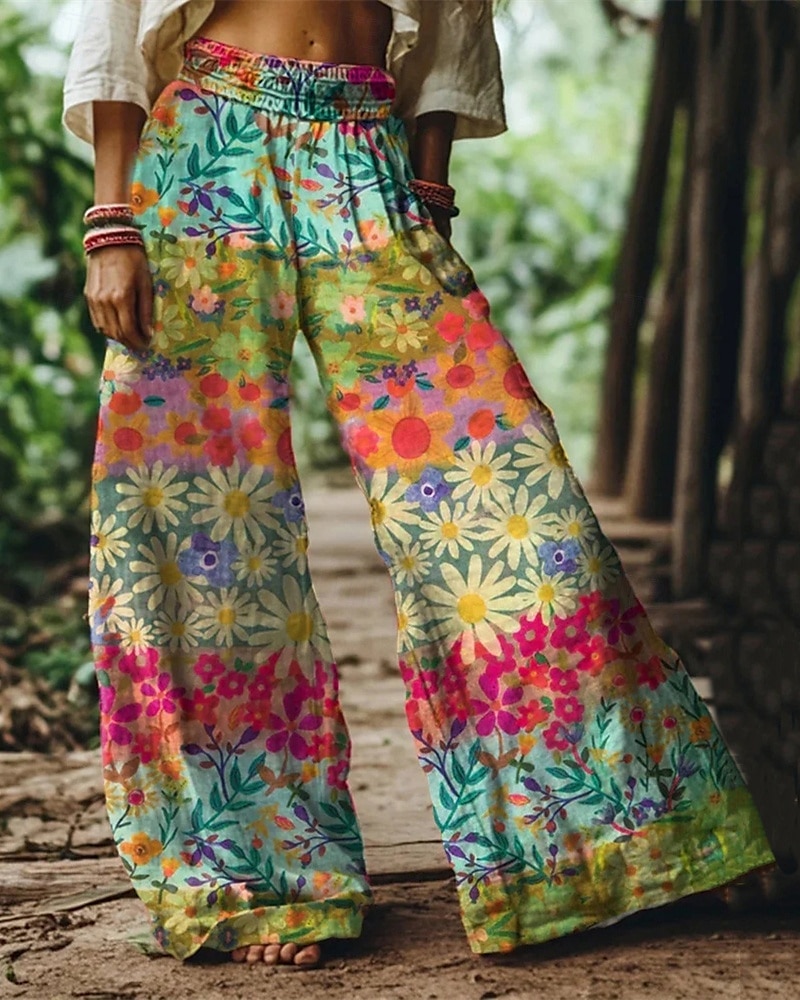 Femmes Jambe large Pantalons Pantalon palazzo Mode Boho Longueur complète Taille haute Fleur Taille Élastique Imprimé Respirabilité Confortable Rue Tenue quotidienne Sortir Bleu Orange Vert Printemps de 2025 ? $32.99 –P3