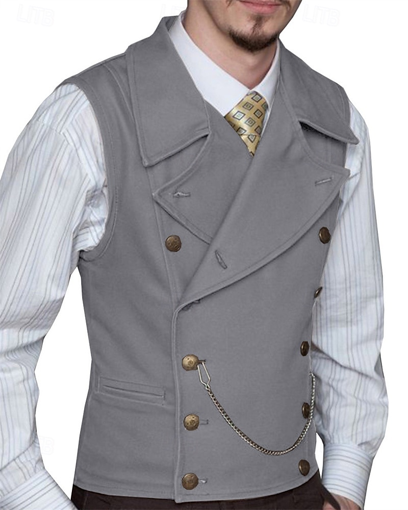 Hombre Chaleco Vacaciones Fiesta Negocio Moda Casual Primavera Otoño Bolsillo Botones Poliéster Cómodo Plano Botonadura Doble Diseño Ajuste regular Plata Negro Blanco Vino Chaleco 2025 - $58.99 –P4